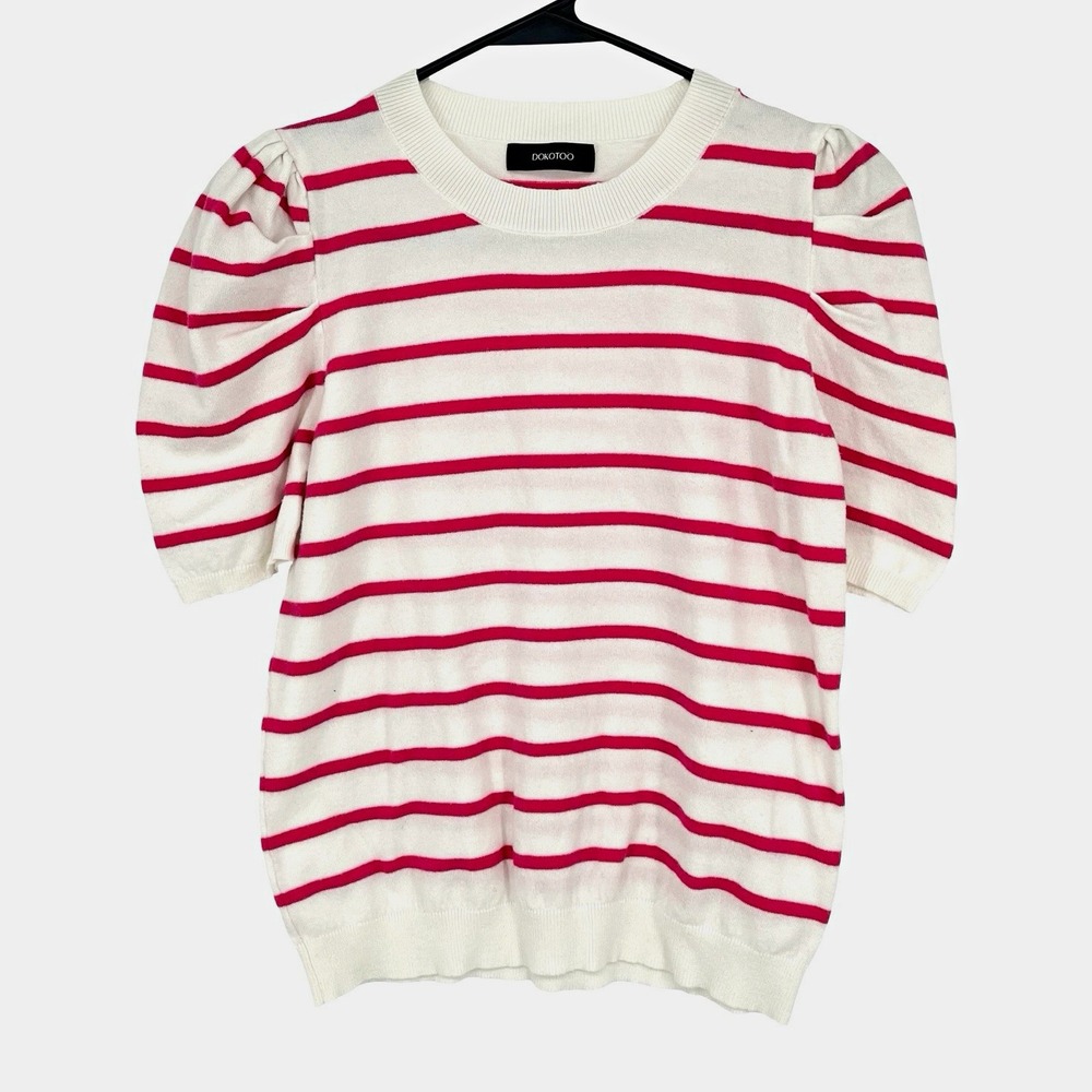 Dokotoo Women Striped Sweater Top White Pink Puff Sleeve Preppy Coastal Size S